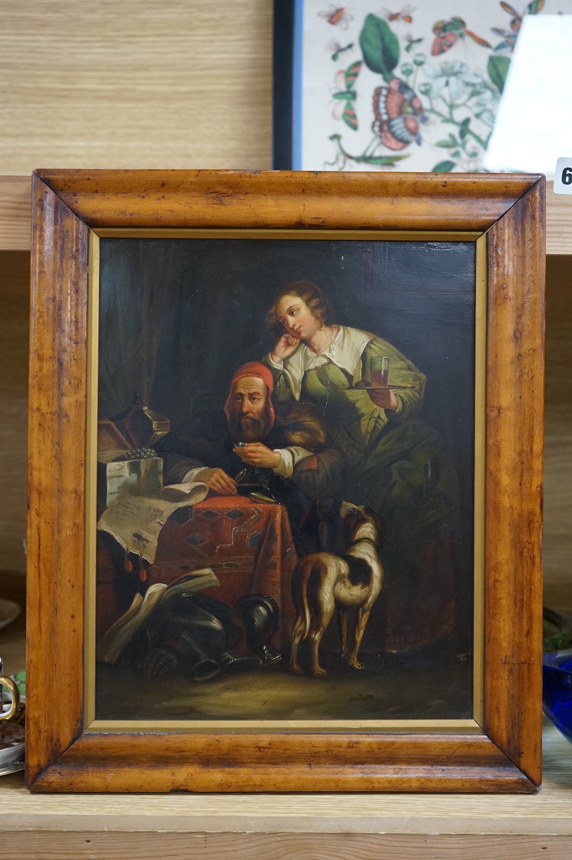 19th century, Dutch School, Interior scene with money-lender, unsigned, oil on board, 28 x 22cm, maple frame